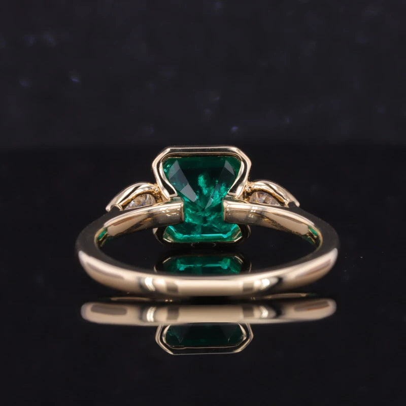 8x8mm, 2.00ct Asscher Lab-Grown Colombian Emerald with Pear Diamonds Three-Stone Ring in 14K Yellow Gold