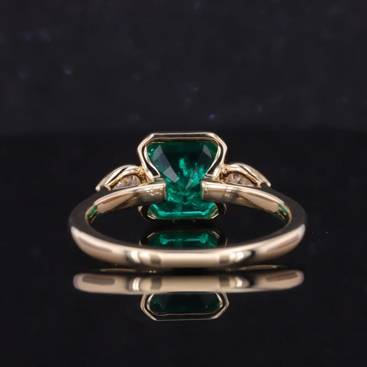 8x8mm, 2.00ct Asscher Lab-Grown Colombian Emerald with Pear Diamonds Three-Stone Ring in 14K Yellow Gold