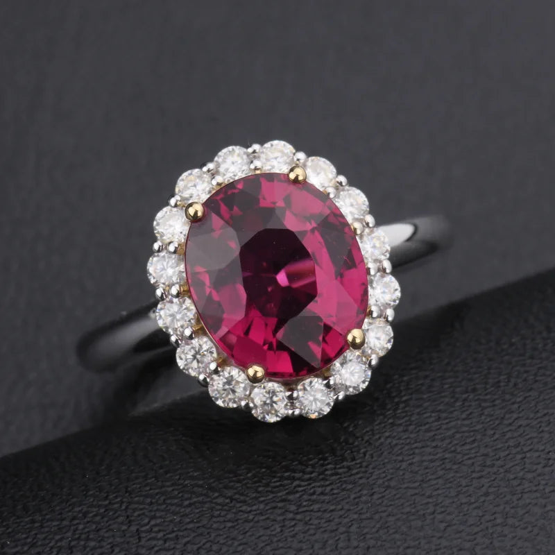 Oval lab ruby diamond halo ring, view 1