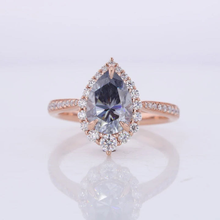 7x9mm Pear Cut Grey Moissanite with Diamond Halo/Half-Eternity Ring in 14K Solid Rose Gold