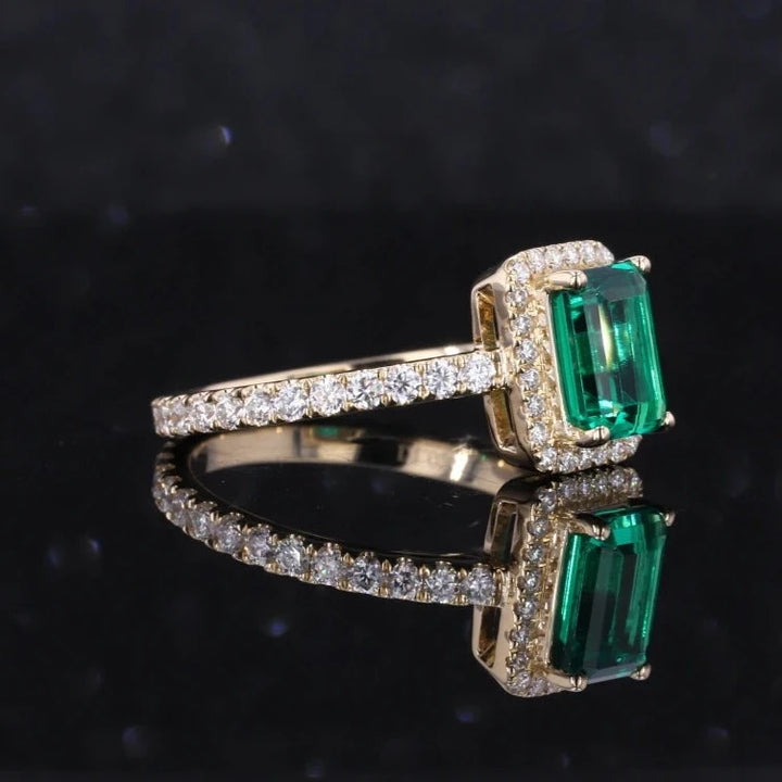 5x7mm, 1.00ct Lab-Grown Zambian Emerald with Diamond Halo/Full-Eternity Band Ring in 14K Yellow Gold