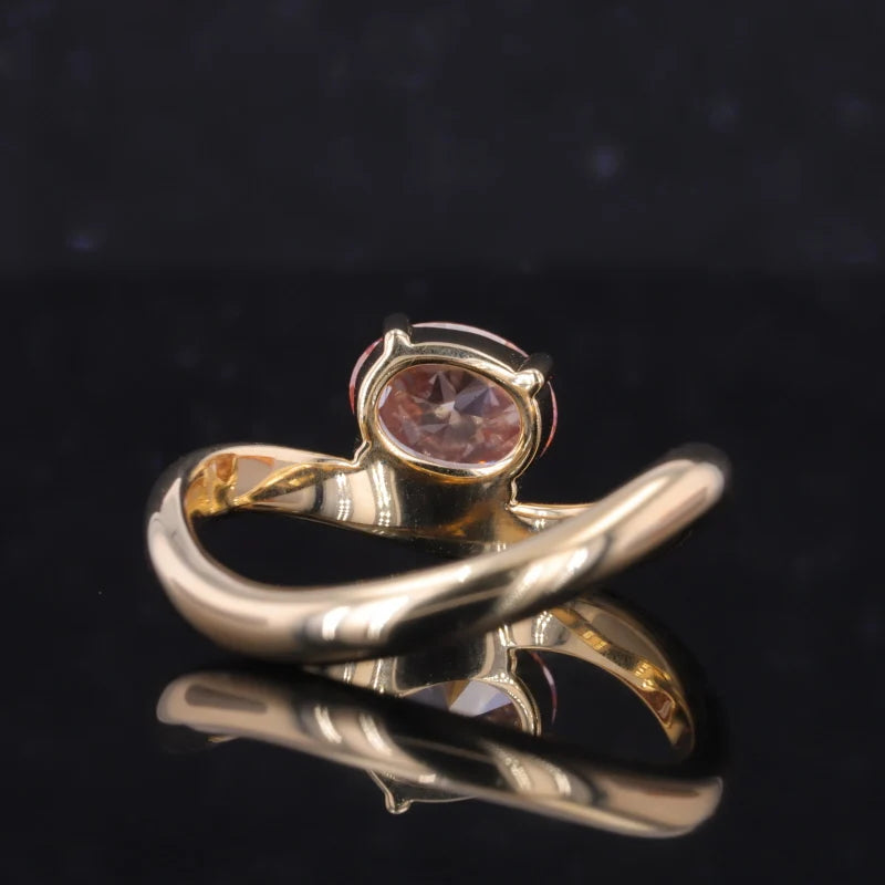 1ct Oval Cut Vivid Pink Diamond Curved Ring in 10K Solid Yellow Gold