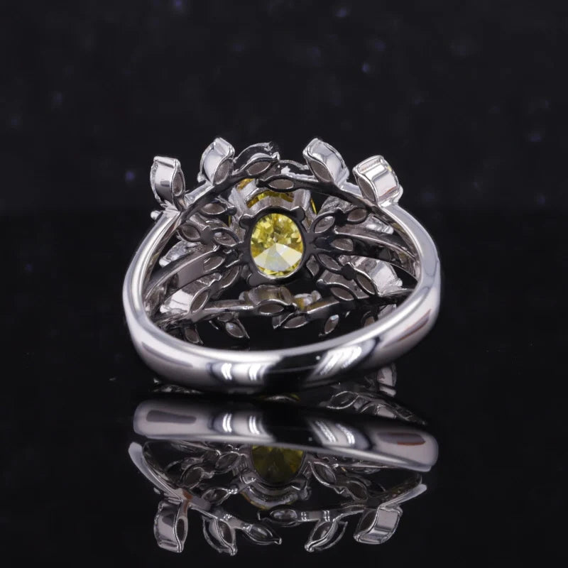 1.31ct Oval Dancy Vivid Yellow Oval Cut Diamond Leaf Patterned Diamonds Ring in 14K Solid White Gold