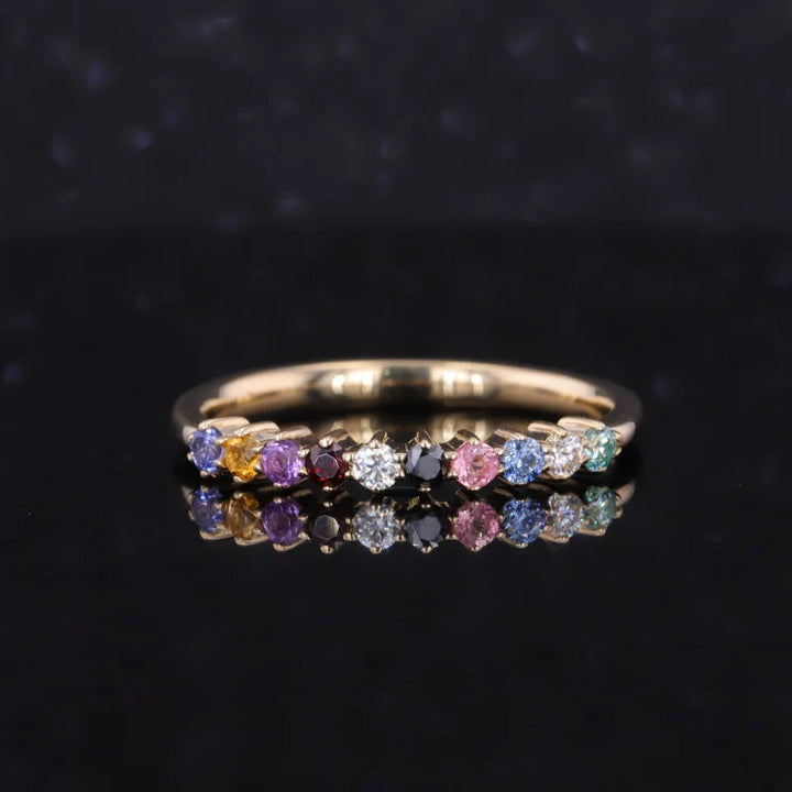 2mm, 1.10ctw Round Natural Multicolor Sapphires Half-Eternity Rainbow Ring in 14K Yellow Gold