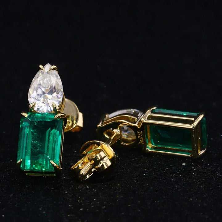 7x9mm, 2.50ct Each Lab-Grown Zambian Emerald with Pear Cut Diamond Earrings in 18K Yellow Gold