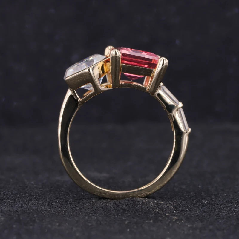 7.5x10mm Emerald Cut Sakura Pink Sapphire & 7.5mm Hexagon Cut Moissanite Toi Et Moi Ring in 14K Yellow Gold