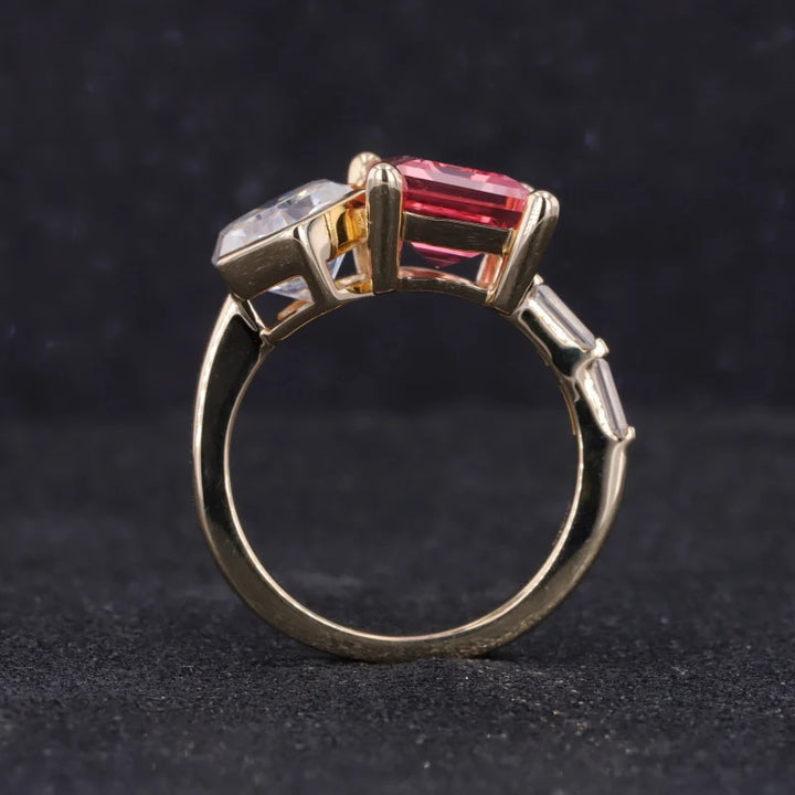 7.5x10mm Emerald Cut Sakura Pink Sapphire & 7.5mm Hexagon Cut Moissanite Toi Et Moi Ring in 14K Yellow Gold