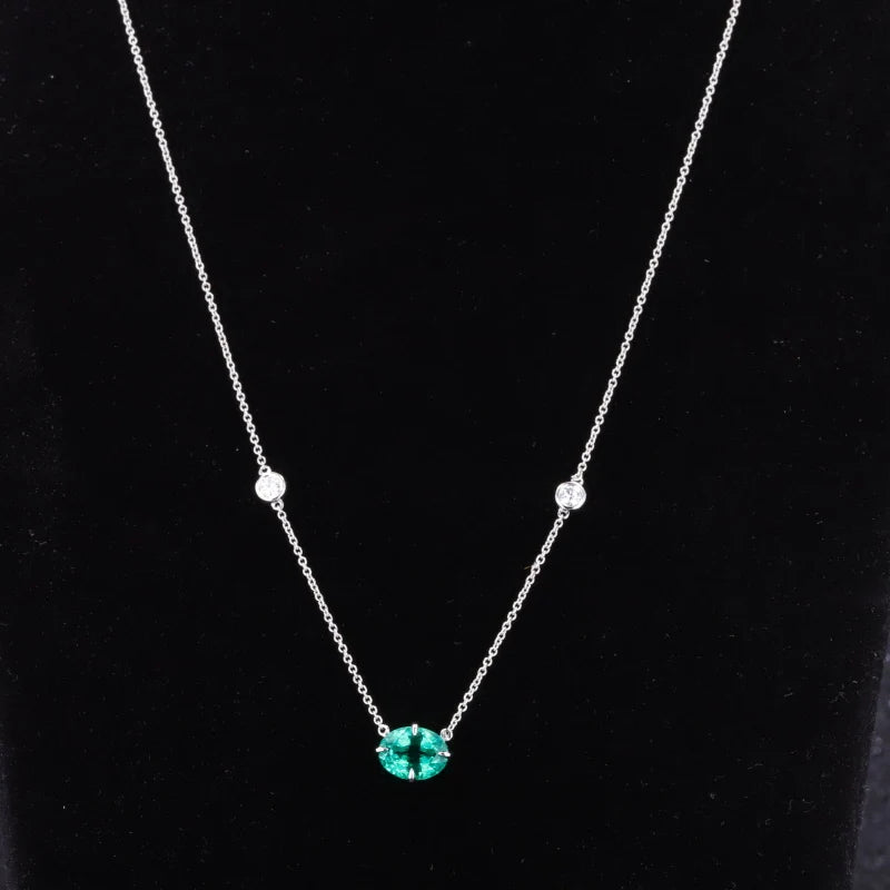 6x8mm, 1.50ct Oval Lab-Grown Colombian Emerald Pendant with Diamond Accent Necklace in 14K White Gold