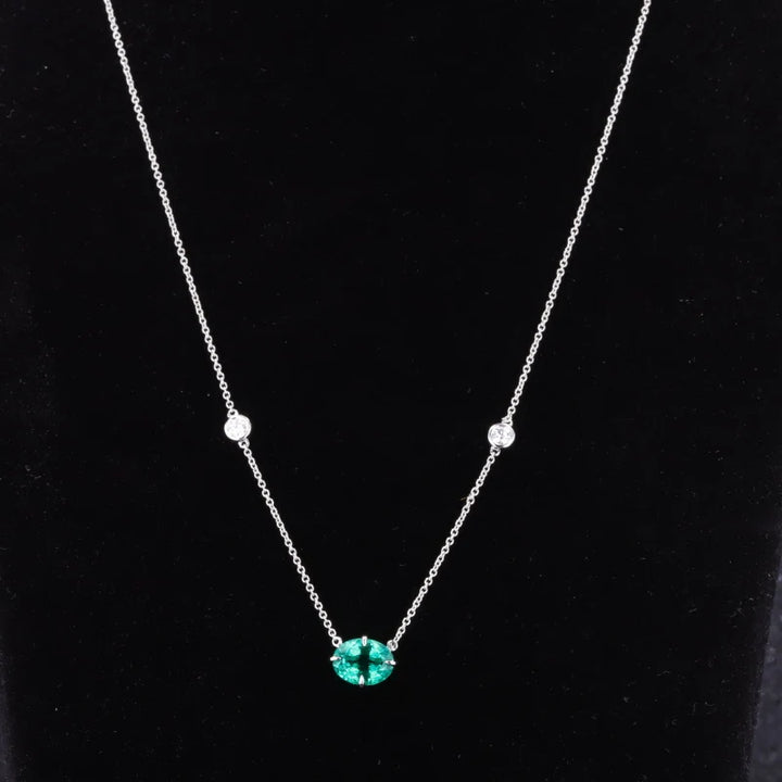 6x8mm, 1.50ct Oval Lab-Grown Colombian Emerald Pendant with Diamond Accent Necklace in 14K White Gold