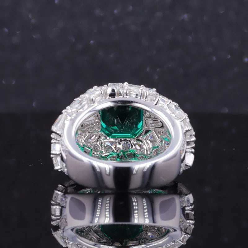 8.5*8.5mm Asscher Cut Zambian Green Emerald with All-Cut Moissanite on Band Ring in 18K Solid White Gold