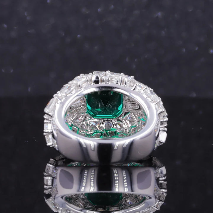 8.5x8.5mm, 3.00ct Asscher Cut Zambian Emerald with All-Cut Diamond on Band Ring in 18K White Gold