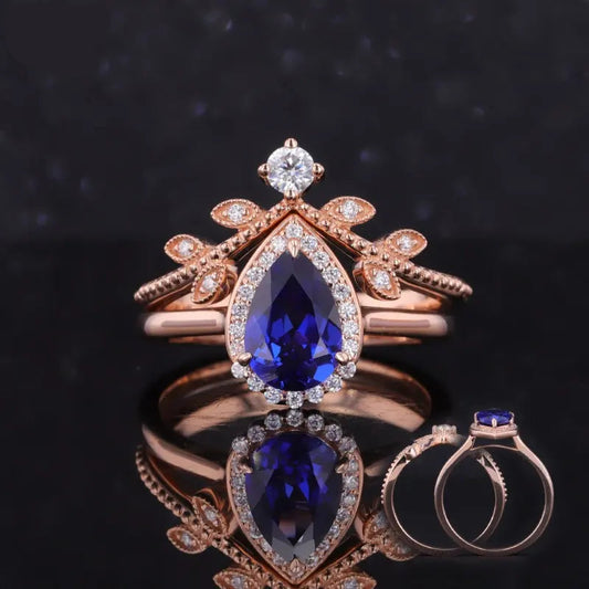 6x9mm Pear Cut Blue Sapphire Diamond Halo Ring with Stacking Ring in 18K Solid Rose Gold