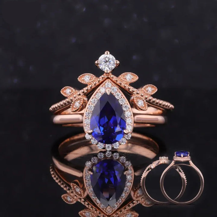 6x9mm, 2.00ct Pear Lab-Grown Blue Sapphire with Diamond Halo Ring with Stacking Ring in 18K Rose Gold