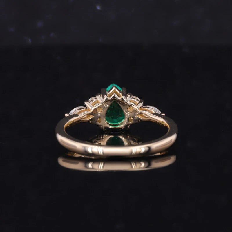 3x5mm, 0.80ct Pear Lab-Grown Colombian Emerald with Diamond Accent Ring in 14K Yellow Gold