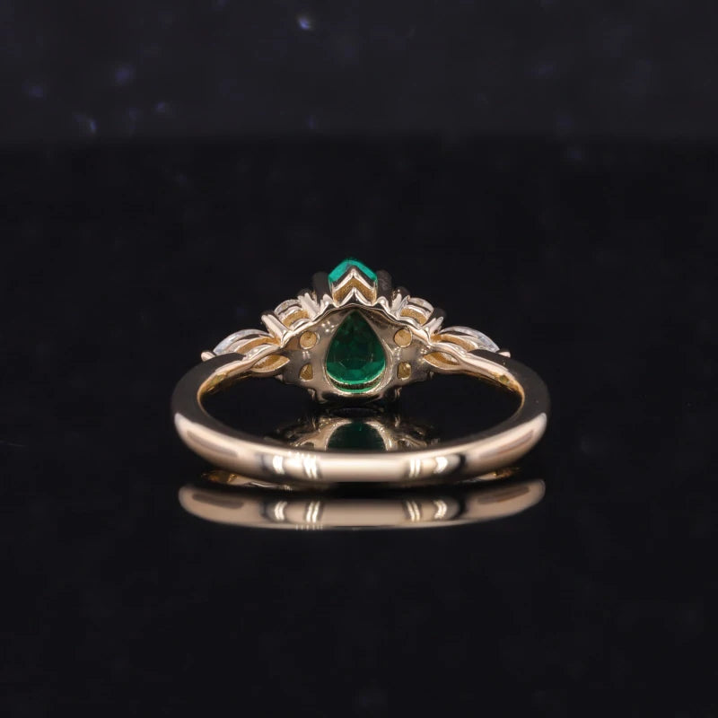 Columbian Pear Cut Emerald Ring with Moissanite in 14K Yellow Gold