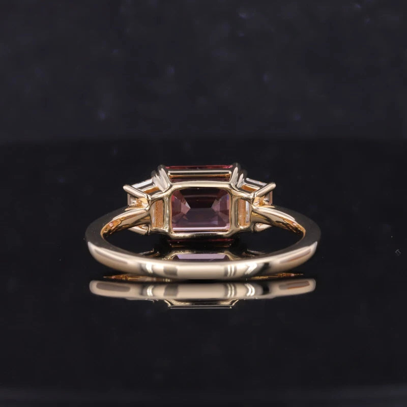 9x11mm, 6.10ct Emerald Lab-Grown Padparadscha Pink Sapphire with Diamonds Three-Stone Ring in 14K Yellow Gold