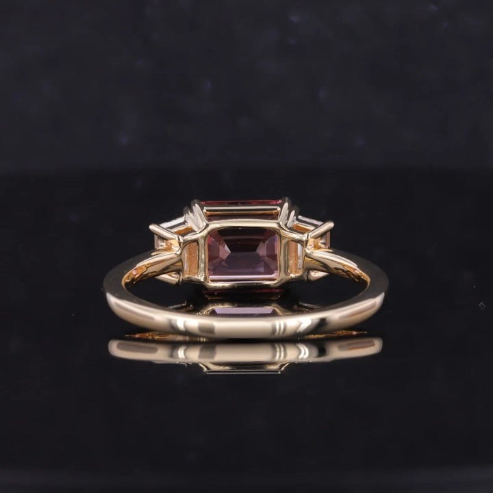 9x11mm, 6.10ct Emerald Lab-Grown Padparadscha Pink Sapphire with Diamonds Three-Stone Ring in 14K Yellow Gold
