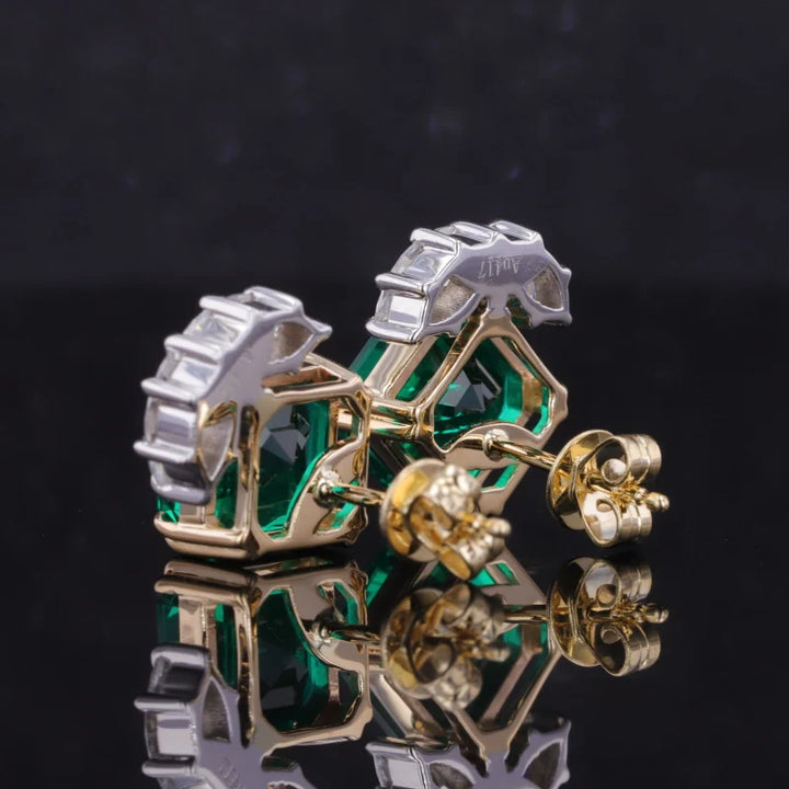 8mm, 2.00ct Each Asscher Lab-Grown Zambian Emerald with Marquise Diamond Earrings in 14K Yellow Gold