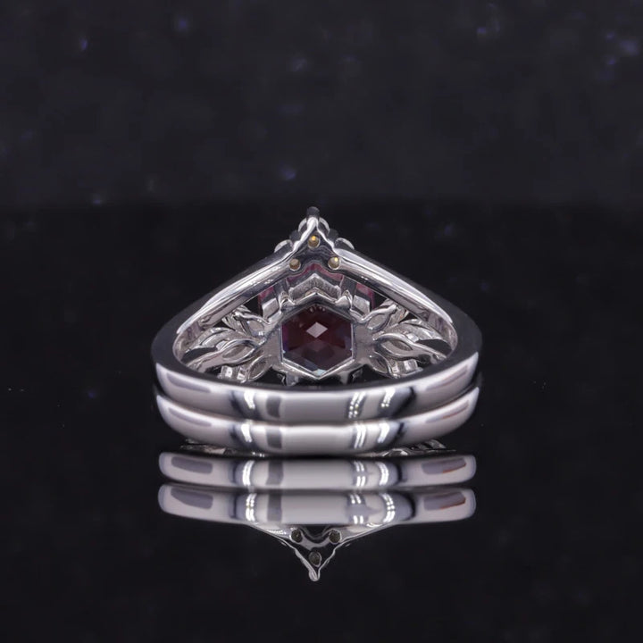 7mm Hexagon Cut Alexandrite with Diamond Ring with Diamond Staking Ring in 14K Solid White Gold