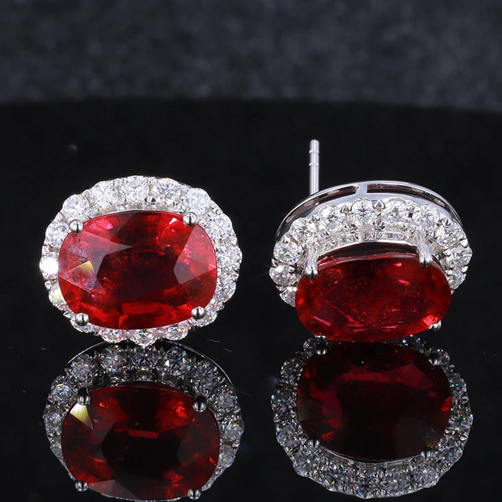 5x7mm, 1.25ct Each Oval Lab-Grown Blood Red Ruby with Diamond Halo Earrings in 18K White Gold