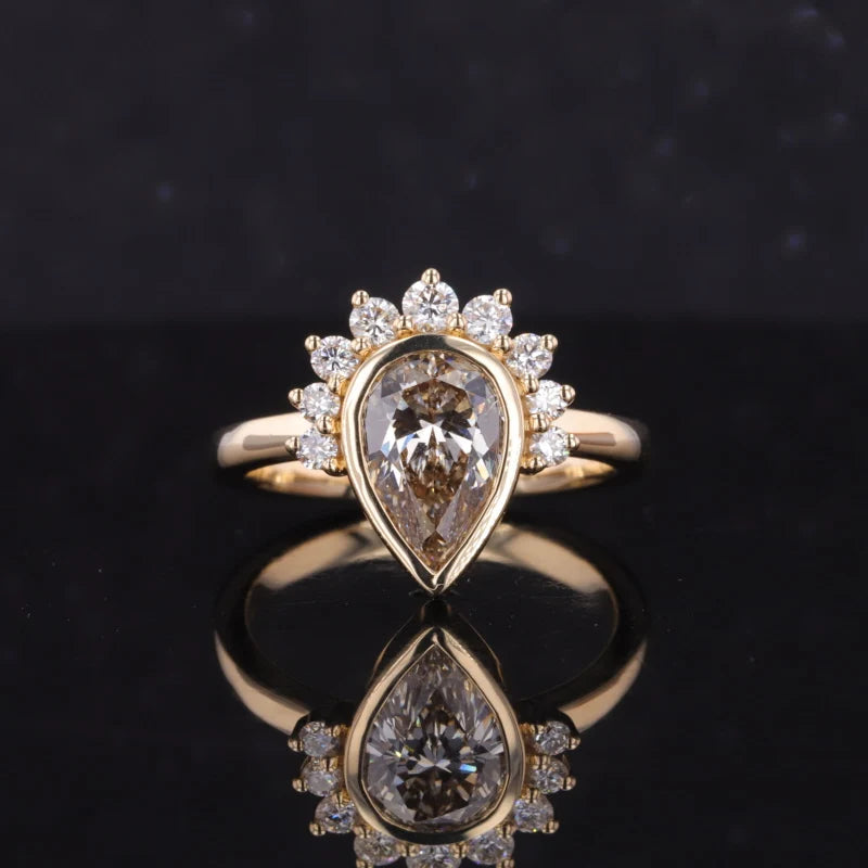 1.5ct Pear Cut Moissanite Half-Halo in 14K Solid Yellow Gold