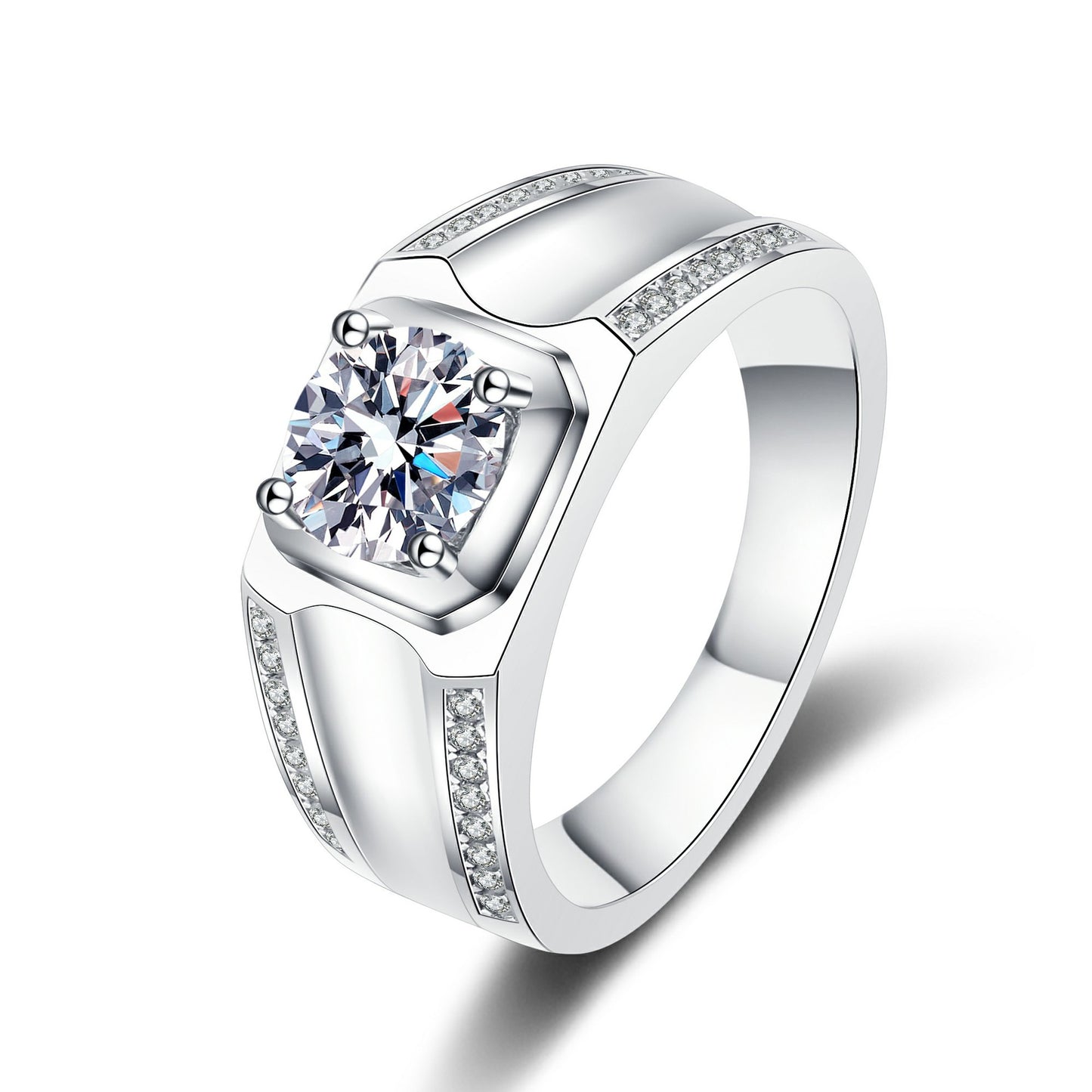 1 Carat Round Moissanite Men's Ring with Vintage-Inspired Design in White Gold-Plated 925 Silver