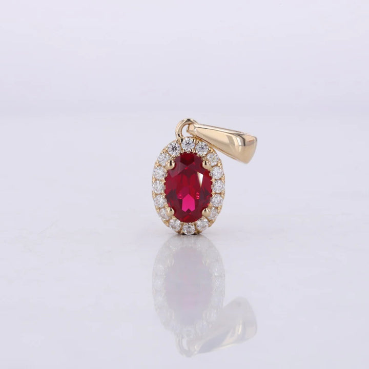 5x7mm, 1.25ct Oval Cut Ruby with Diamond Halo Pendant in 14K Solid Yellow Gold