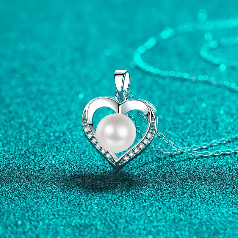 8mm Pearl and Moissanite Heart Pendant Necklace in Platinum Plated 925 Silver