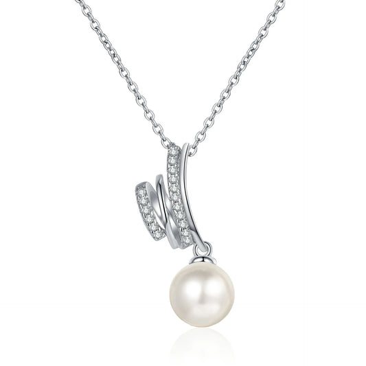 9mm Pearl with Moissanite Pendant Necklace in Platinum Plated 925 Silver