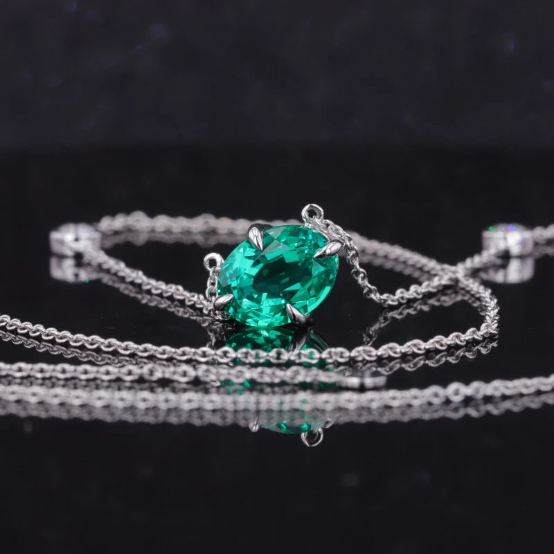 6x8mm, 1.50ct Oval Lab-Grown Colombian Emerald Pendant with Diamond Accent Necklace in 14K White Gold