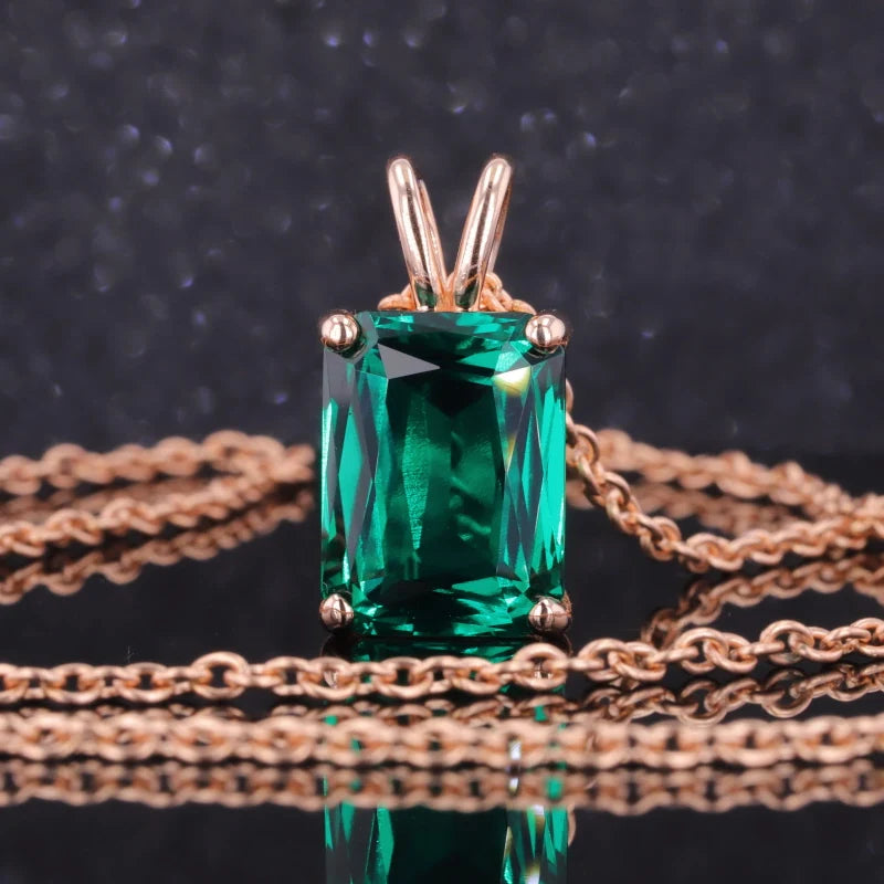 Criss-Cross Emerald Cut Lab Emerald Pendant Necklace in 14K Rose Gold