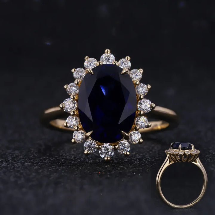 8x11mm, 5.27ct Oval Lab-Grown Blue Sapphire "Diana Setting" Ring with Diamond Halo in 14K Yellow Gold