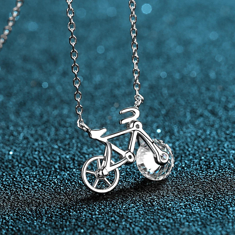 1ct Bicycle Round Cut Spinning Moissanite Pendant Necklace in Platinum Plated 925 Silver