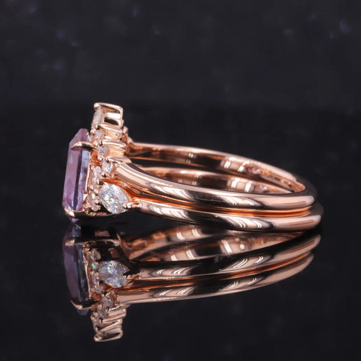 6*9mm, 1.60ct Pear Cut Alexandrite Ring with Diamond Stacking Band in 14K Solid Rose Gold