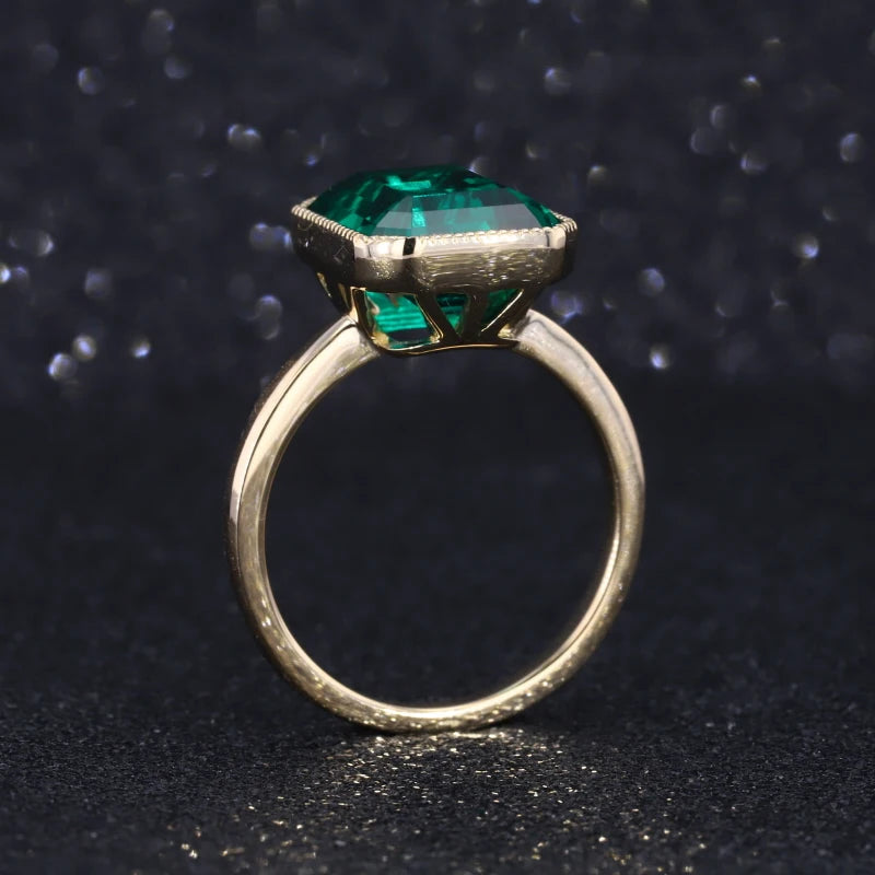 9x11mm, 4.60ct Emerald Lab-Grown Zambian Emerald Bezel-Set Ring in 14K Yellow Gold