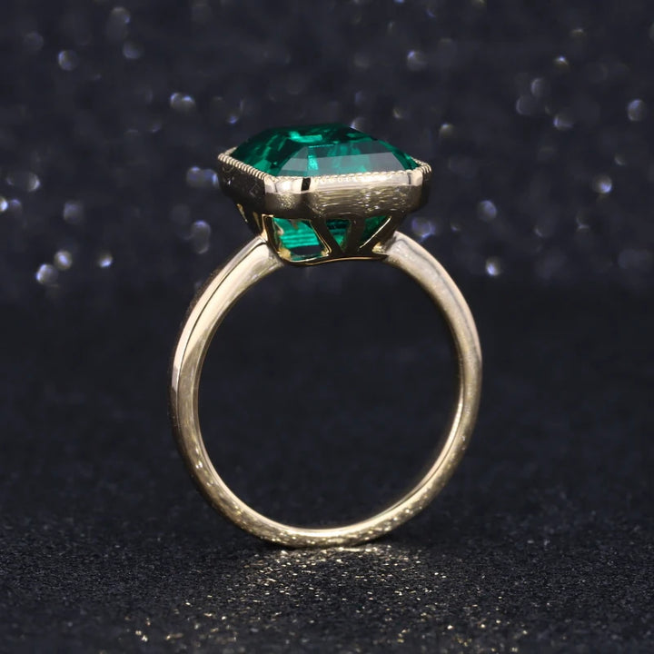 9x11mm, 4.60ct Emerald Lab-Grown Zambian Emerald Bezel-Set Ring in 14K Yellow Gold