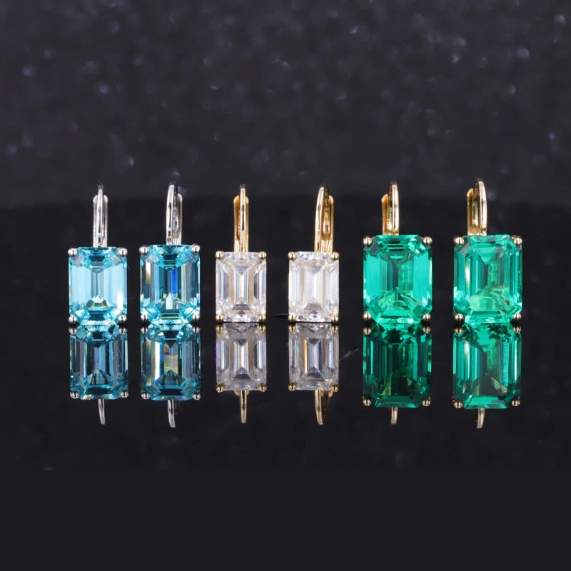 5*7mm Emerald Cut Moissanite Hoop Earrings in 14K Solid Yellow Gold