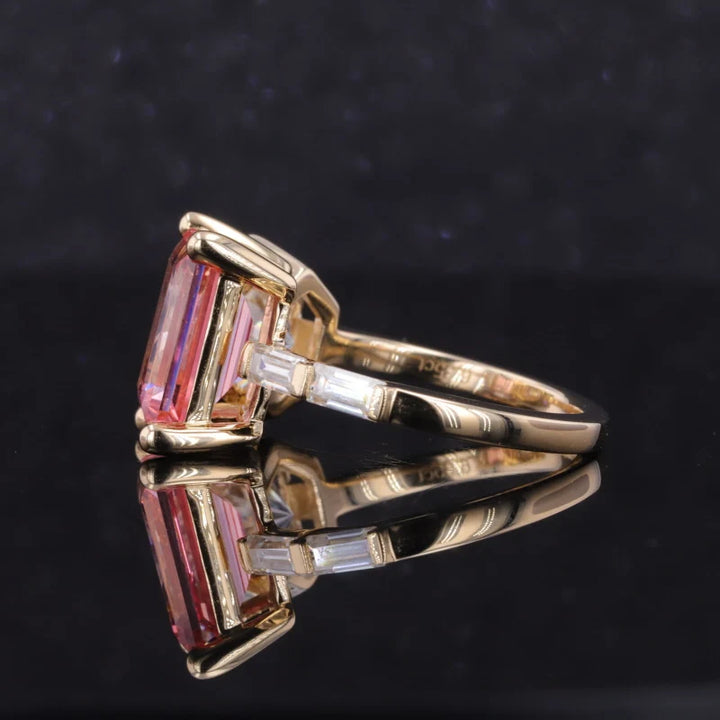 7.5x10mm Emerald Cut Sakura Pink Sapphire & 7.5mm Hexagon Cut Moissanite Toi Et Moi Ring in 14K Yellow Gold