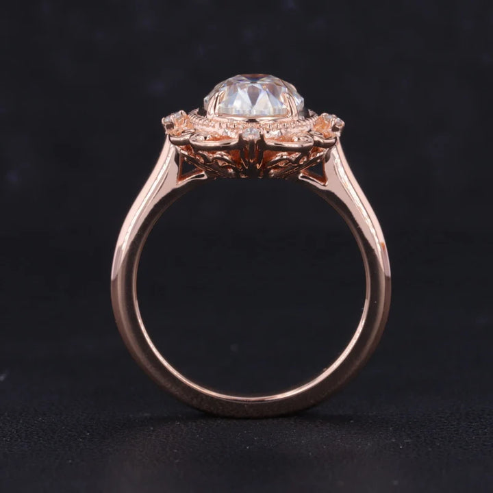 7*9mm Old Mine Oval Cut Moissanite Vintage Ring in 14K Solid Rose Gold
