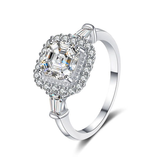 2ct Asscher Cut with Halo Moissanite Ring in Platinum-Plated 925 Sterling Silver
