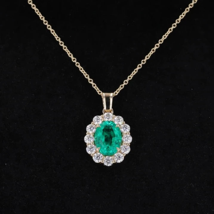 7*7mm Oval Cut Columbian Green Emerald Pendant with Moissanite Halo with Rolo Chain in 10K Solid Yellow Gold