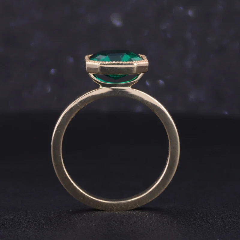 8*8mm Asscher Cut Zambian Green Emerald Ring in 10K Solid Yellow Gold