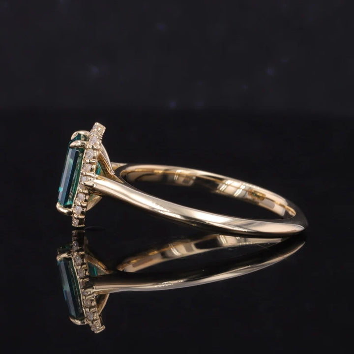 5x7mm, 1.00ct Emerald Cut Green Moissanite with Diamond Halo Ring in 14K Solid Yellow Gold