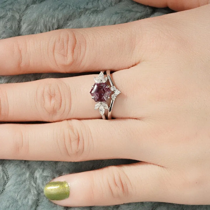 7mm Hexagon Cut Alexandrite with Diamond Ring with Diamond Staking Ring in 14K Solid White Gold