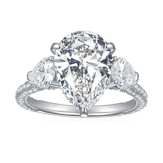 6.72ct Pear Shape Moissanite Ring with Heart Accents in Platinum-Plated 925 Silver