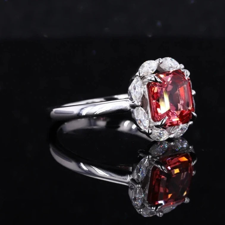 8*8mm Asscher Cut Padparadscha Pink Sapphire with Pear Moissanite Halo Ring in 10K Solid White/Yellow/Rose Gold