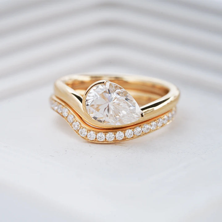 7*10mm Pear Cut Moissanite Curved Ring with Stackable Pave Ring in 18K Solid Yellow Gold