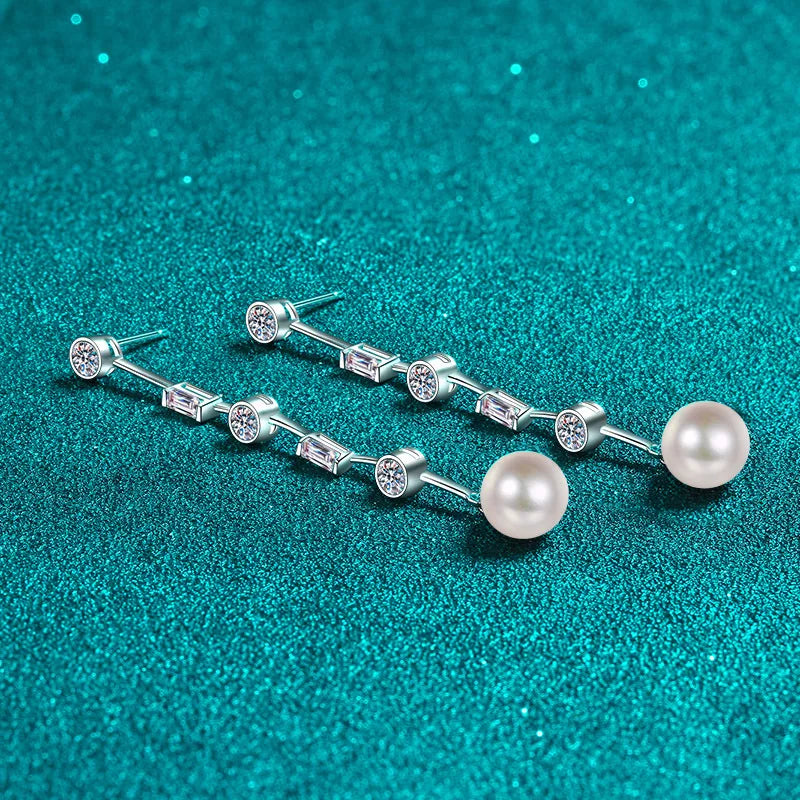 8mm Pearl Moissanite Tassel Long Earrings in Platinum Plated 925 Silver