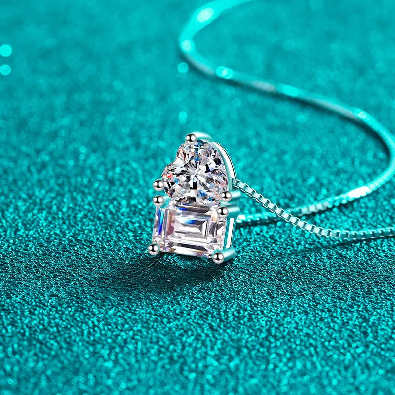 2ct Heart Cut and Emerald Moissanite Pendant with Box Chain in Platinum Plated 925 Silver