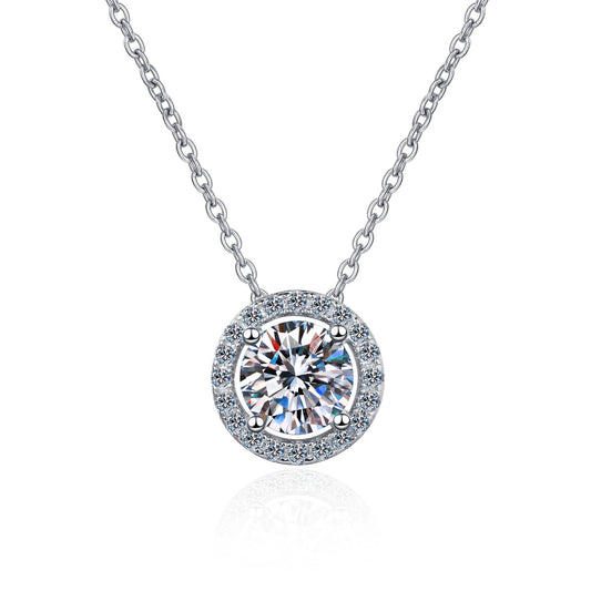 Moissanite Pendant with Halo Necklace in Platinum plated 925 silver